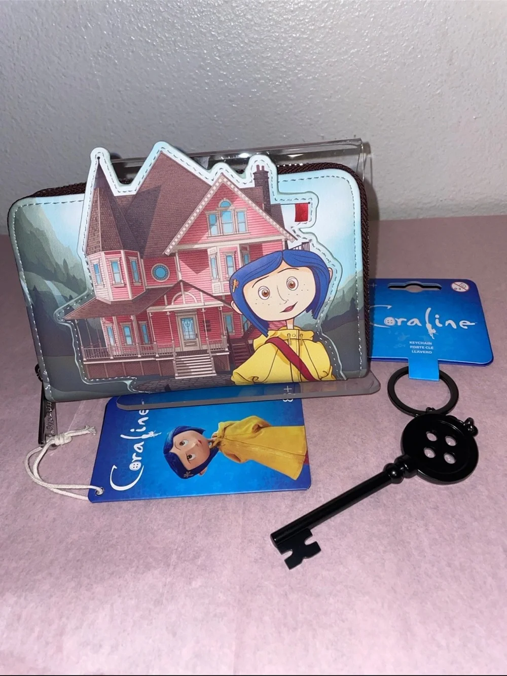 Exclusive Loungefly Coraline Pink Palace Buttons Wallet & Other World Keychain
